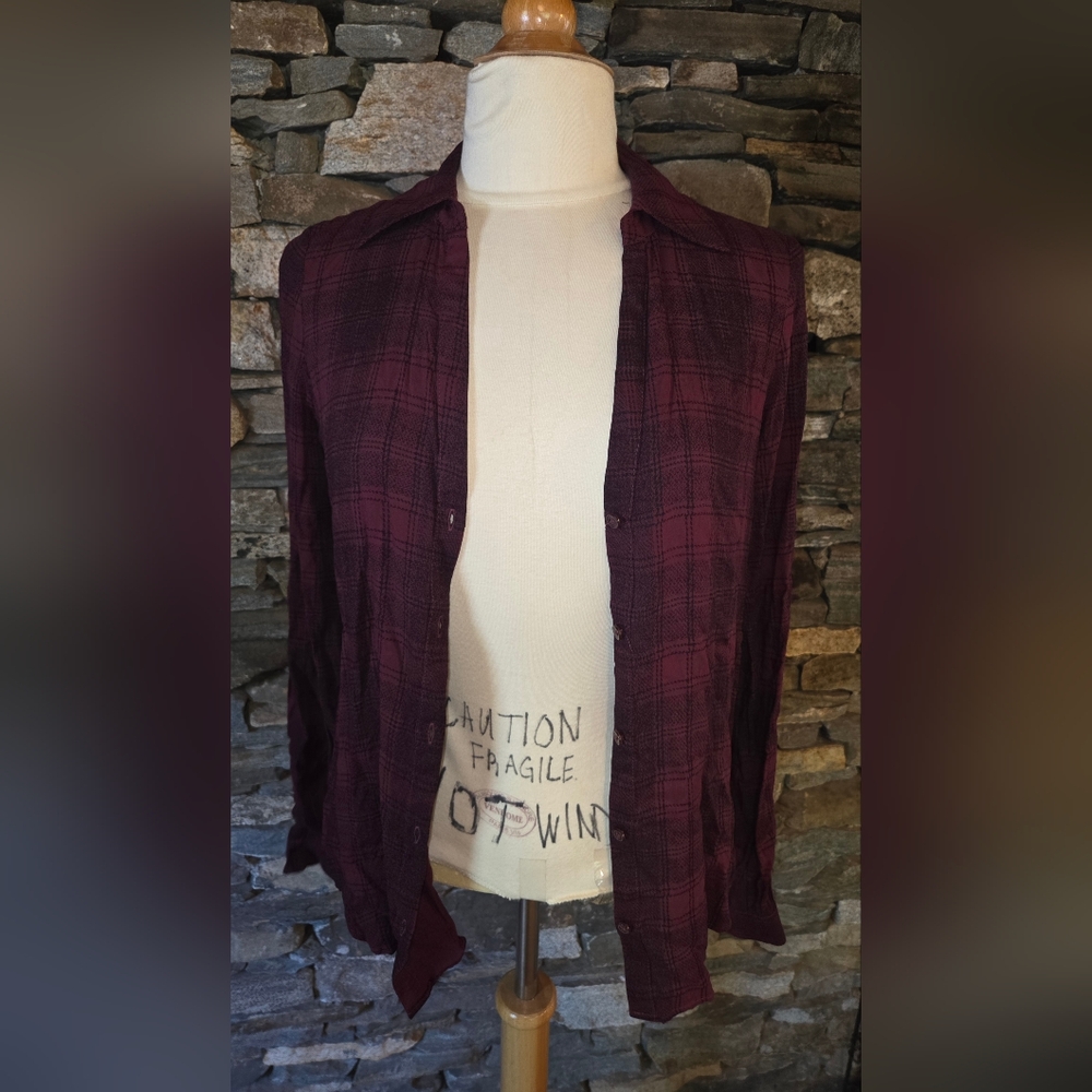 Paige Plaid Button-Up Burgandy Soft Long Sleeve Shirt V Neck - Picture 3 of 7